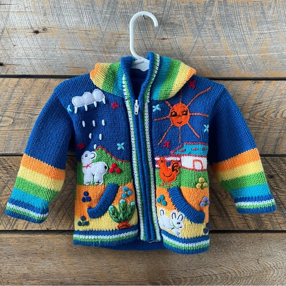 Handmade Knit Sweater Hoodie Baby Infant 0-6 Mos Folk Art Farm Animals Full Zip